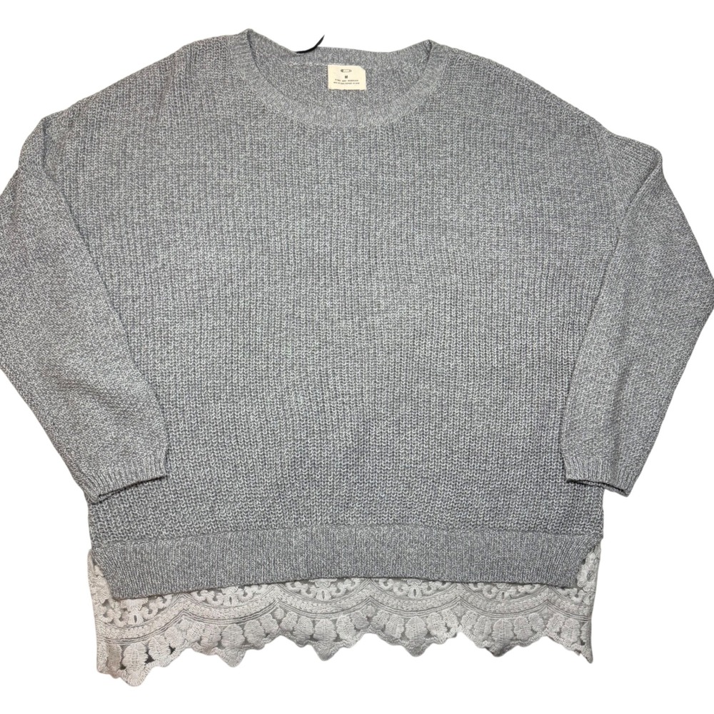PINS AND NEEDLES Gray Lace Trim Knit Sweater Medium Cozy Casual Layering Cottage